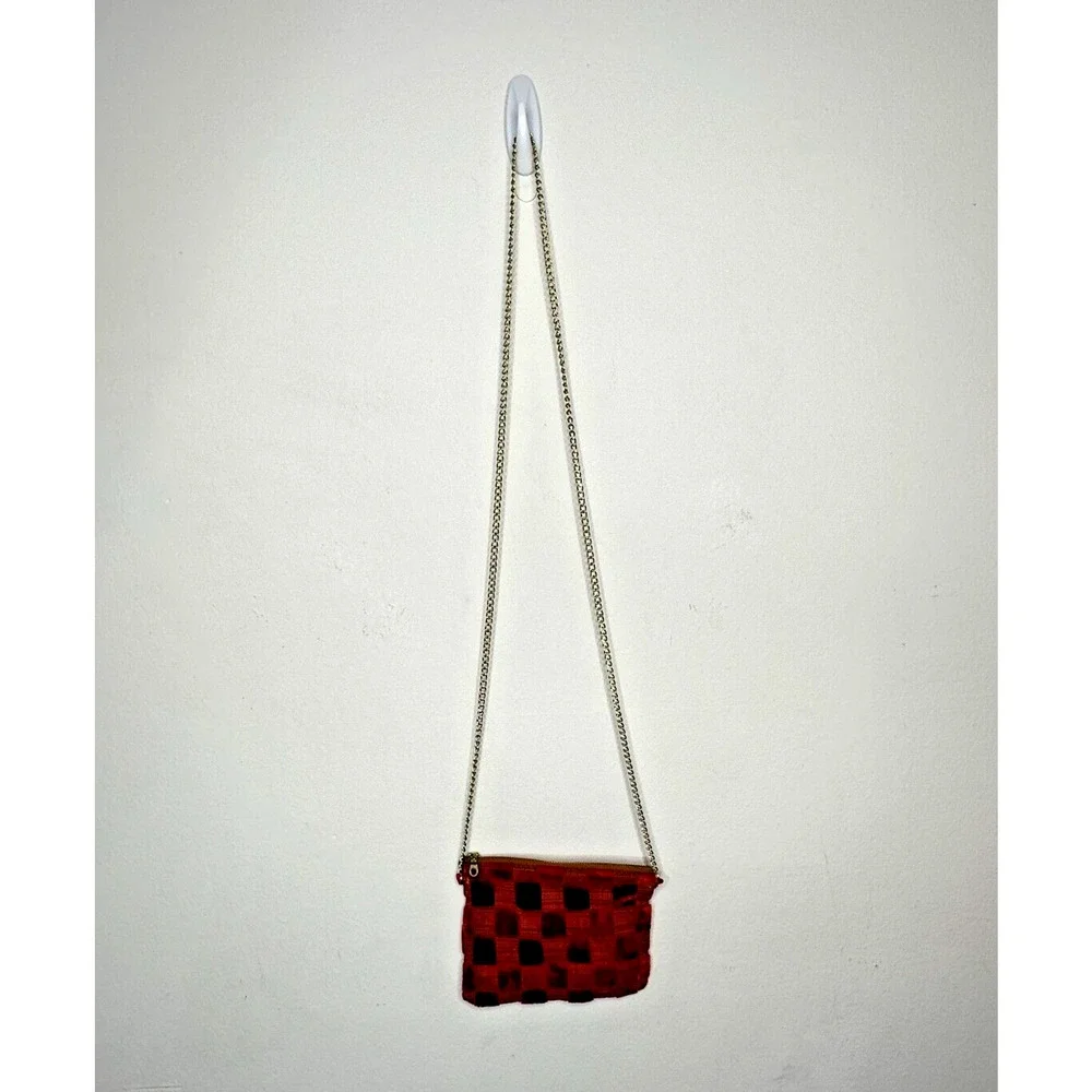 Rust Orange Velvet Checked Gold Chain Strap Zipper Top Slim Mini Purse